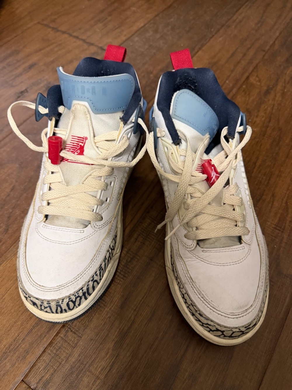 Jordan Nike Cream and Navy High-Top Sneakers with Red Accents